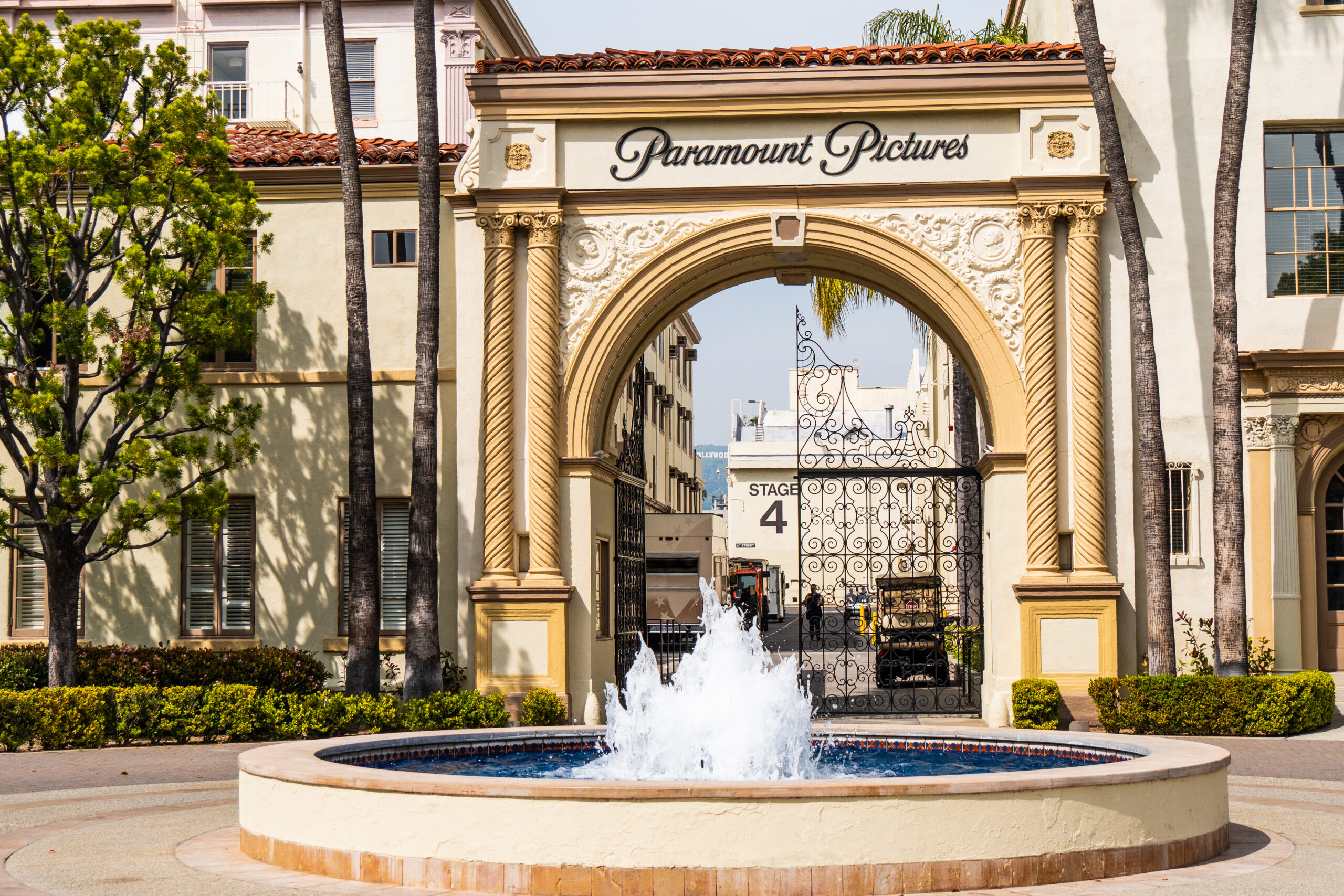 Beautiful gate of Paramount Pictures film studios at Los Angeles – CALIFORNIA, USA – MARCH 18, 2019