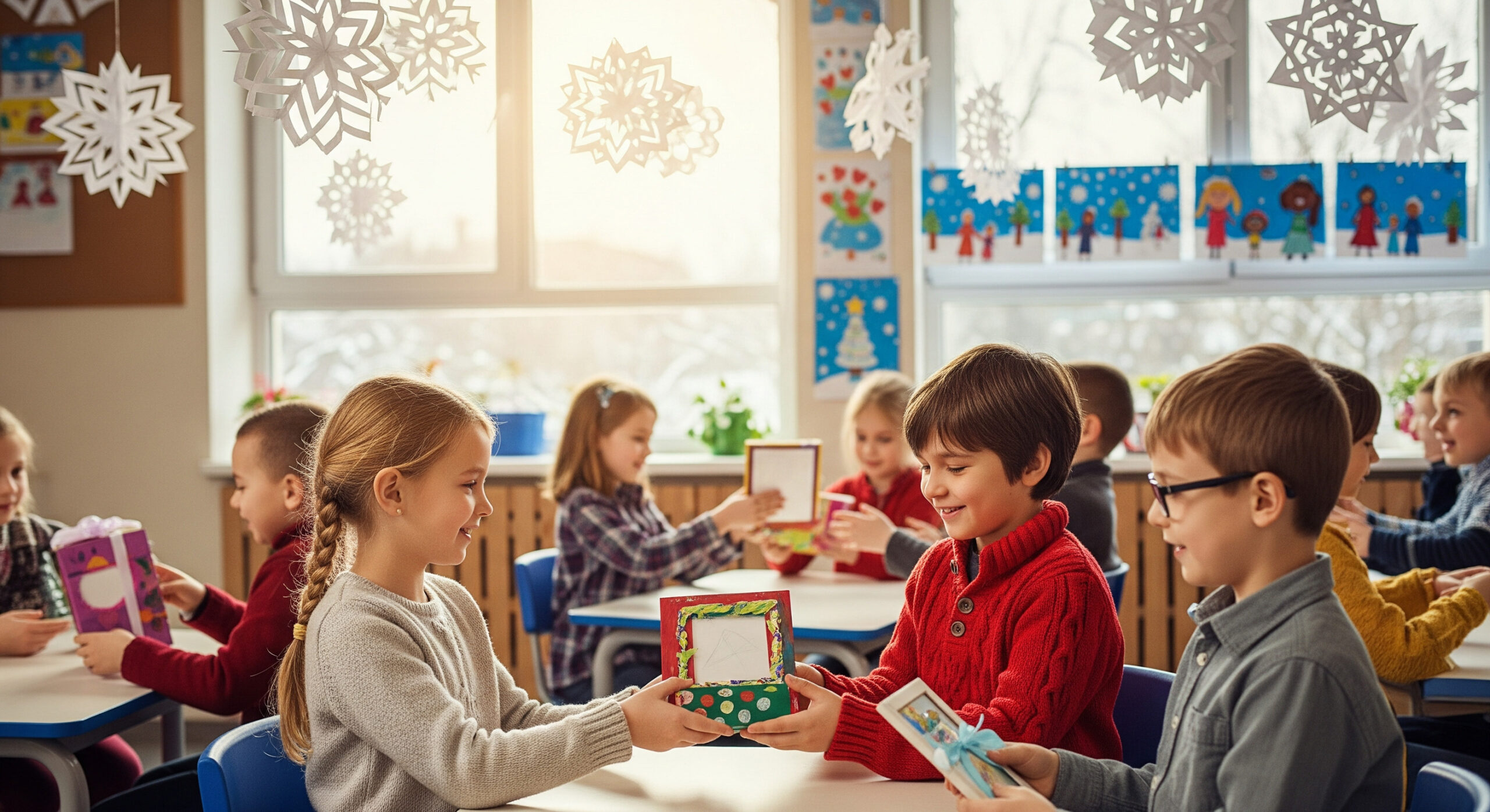 Elementary school Christmas giving between children, Christmas giving season. Focus on Christmas giving among diverse students exchanging gifts in classroom setting.